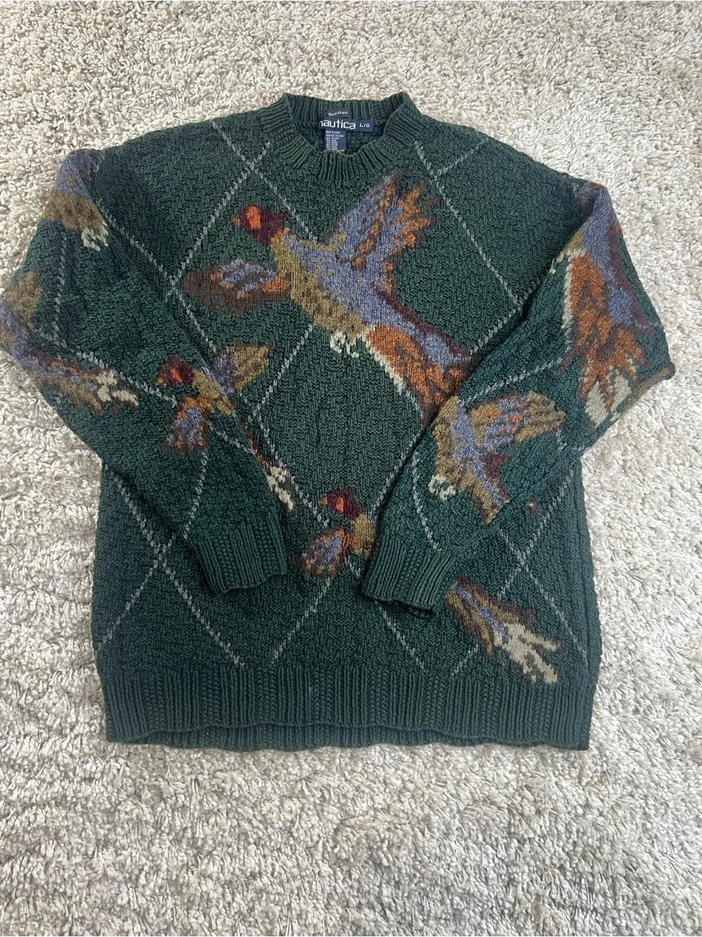 Vintage Nautica Dark Green Crewneck Sweater Wool Blend Pheasant Motif Large